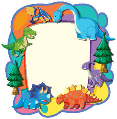 Vibrant frame with playful cartoon dinosaurs and trees.