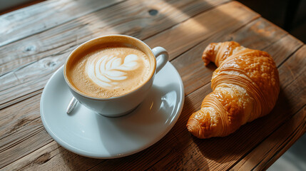 design for cafe ad, coffee and croissant. restaurant or cafe menu. minimalistic. Pastry. white background. horizontal. fresh morning. copy space. 