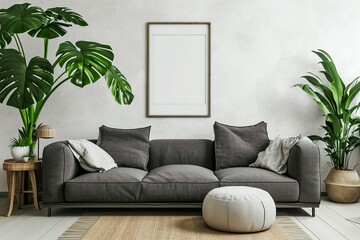 Sofa room with modern design and hanging frame on the wall