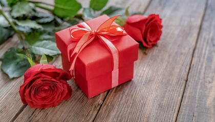 Red gift box with ribbon and roses
