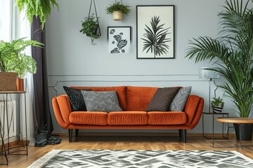 living room interior design with sofa, pillow and indoor plants