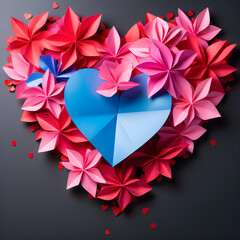 Happy valentines day, red heart with flowers background, made of pink, red, & blue