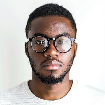 a face portrait of a handsome young dark skinned black african american man with short wavy curly hair and a well groomed beard wearing glasses. isolated on white studio background in square format.