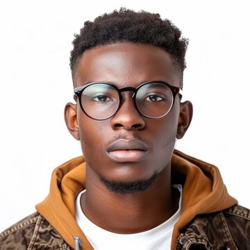 a face portrait of a handsome young dark skinned black african american man with short wavy curly hair and a well groomed beard wearing glasses. isolated on white studio background in square format.