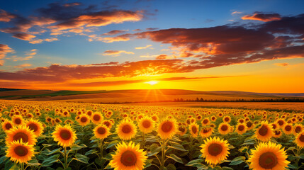 Golden Horizon: Capturing the Radiance of a Sunset Sunflower Field