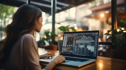 Blurred Realities: Businesswoman Engaged with Stock Data in Grunge Ambiance