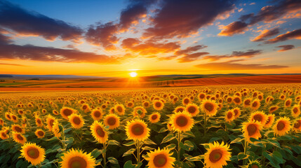 Sunset Symphony: A Breathtaking Landscape of Sunflowers in Evening Glow