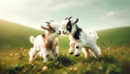 Playful Pygmy Goats Enjoying a Grassy Field - obrazy, fototapety, plakaty
