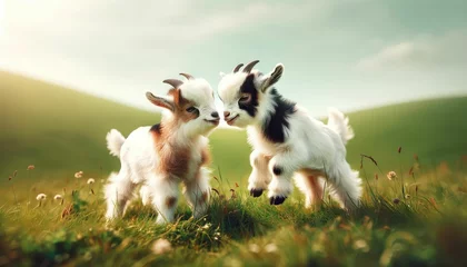 Foto op Plexiglas Playful Pygmy Goats Enjoying a Grassy Field © Little