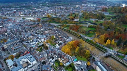 Aerial around the old town of Namur in Belgium on a cloudy afternoon in autumn	