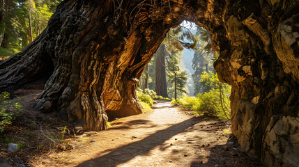Nature's Triumph: Tunnel Log Road Through Tree in Sequoia Wonderland