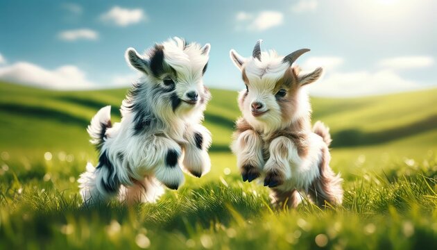 Playful Pygmy Goats Enjoying a Grassy Field