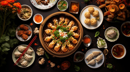 A round wooden table is topped with a bamboo steamer filled with dumplings. Chopsticks rest on the table next to a small plate of dipping sauce - obrazy, fototapety, plakaty