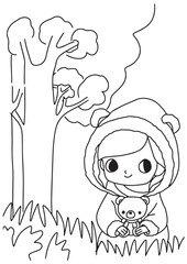 Children coloring book cute girl and nature tree illustration 