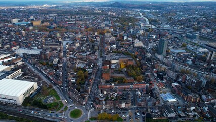 Aerial around the city Charleroi in Belgium on a cloudy afternoon in autumn	