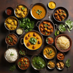 Assorted indian food set on wooden background. Dishes and appetisers of indeed cuisine, rice, lentils.