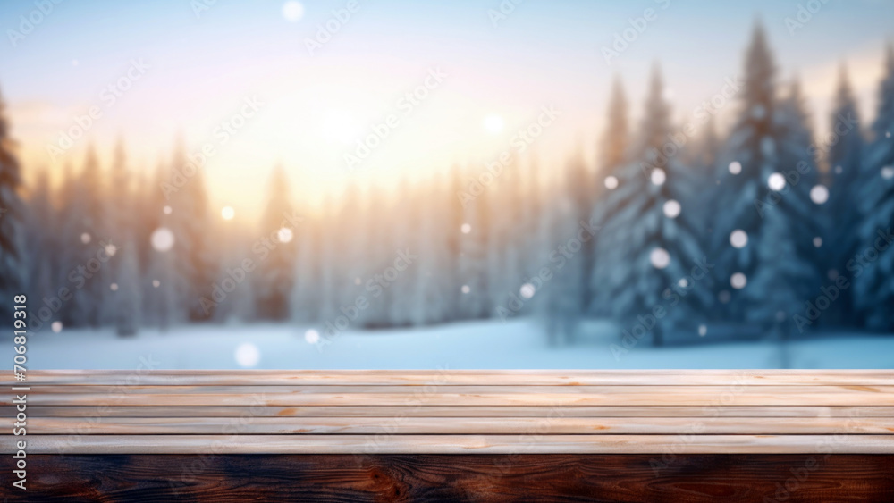 Aufkleber empty wood table top on blurred winter forest background at sunshine background. perfect for display
