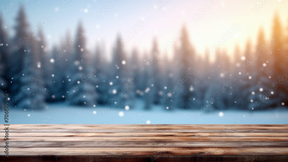 Poster empty wooden table against snowy landscape with fir trees in the forest at sunset background.