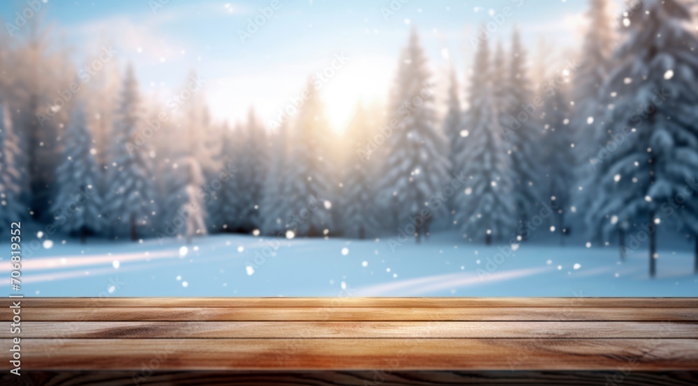 Poster empty wooden table against snowy landscape with fir trees in forest at sunset