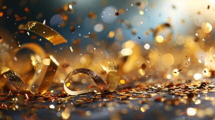 Image of Gold confetti falling over black background. confetti and ribbon flying on air during a festival at night background. Blurred Golden bokeh lights on party festive. Glitter sparkle stars.