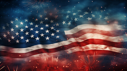 Celebratory fireworks on background of american flag at usa independence day