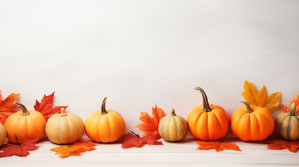 Fall background with orange pumpkins and fall leaves on a light surface,