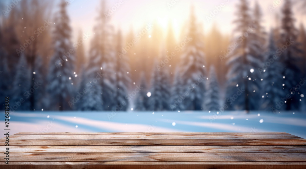 Poster empty wooden table against snowy landscape with fir trees in forest at sunset background