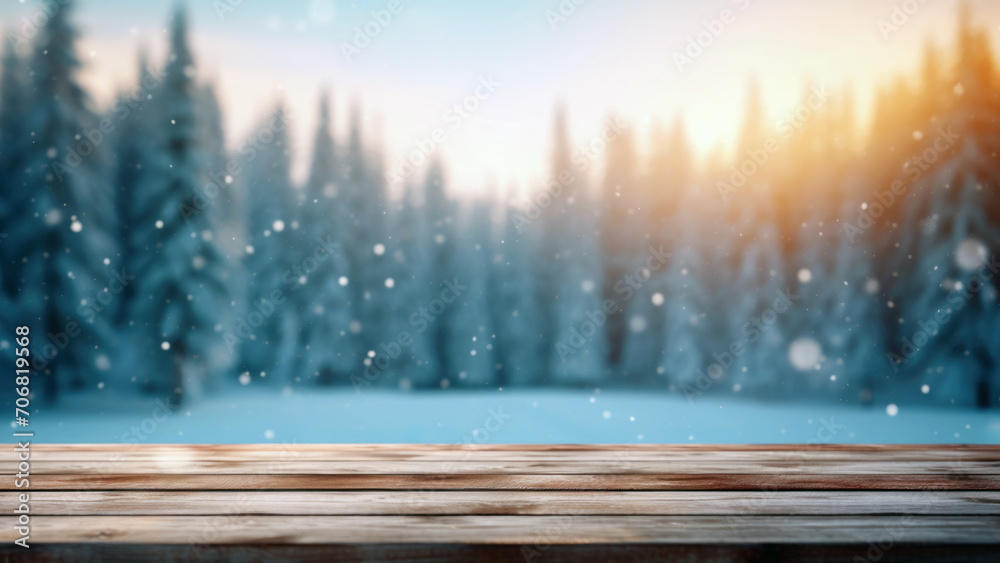 Poster Empty wooden table background with bokeh of winter forest and snowfall at sunset background