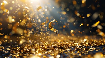 Image of Gold confetti falling over black background. confetti and ribbon flying on air during a festival at night background. Blurred Golden bokeh lights on party festive. Glitter sparkle stars.