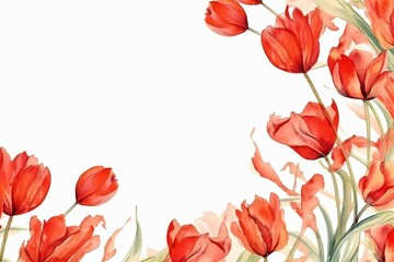 Watercolor-style isolated red tulip wildflower frame. Aquarelle background, texture, wrapper pattern, or border. Generative AI
