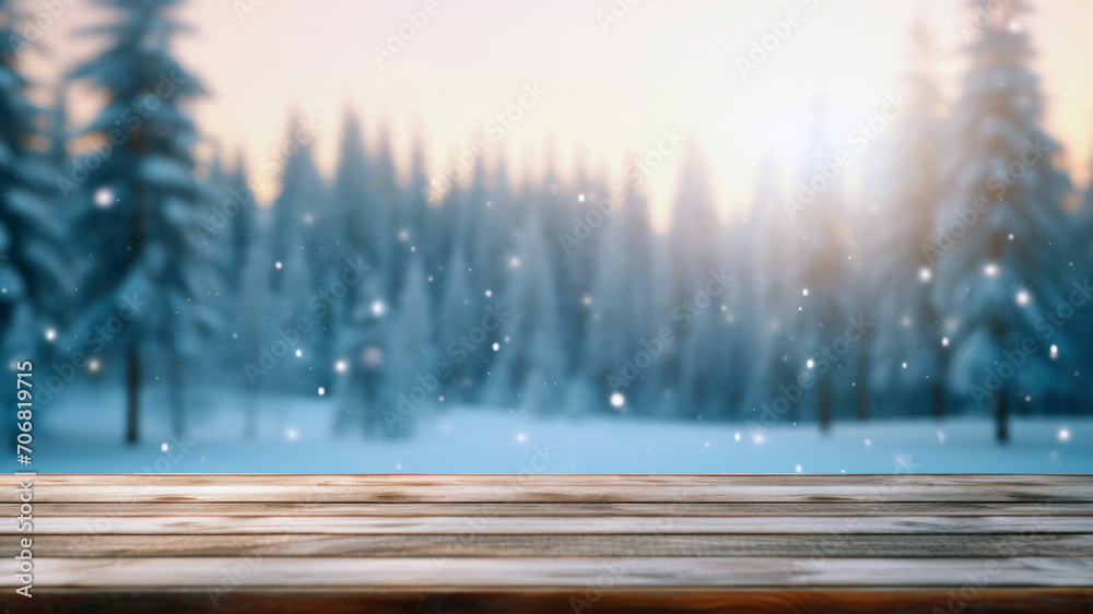 Poster empty wooden table in front of a winter background with snowfall at sunset