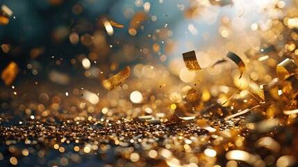 Image of Gold confetti falling over black background. confetti and ribbon flying on air during a festival at night background. Blurred Golden bokeh lights on party festive. Glitter sparkle stars.
