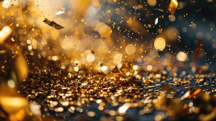 Image of Gold confetti falling over black background. confetti and ribbon flying on air during a festival at night background. Blurred Golden bokeh lights on party festive. Glitter sparkle stars.