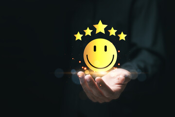 Customer experience concept. Customers give excellent five-star ratings with smiley face emoticons...