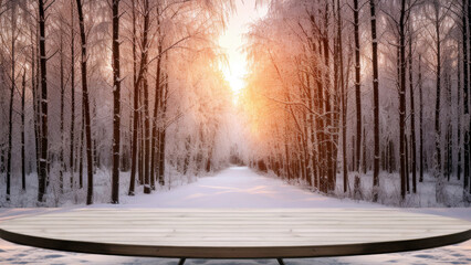 Empty round wooden table and winter road forest at evening with sunlight background