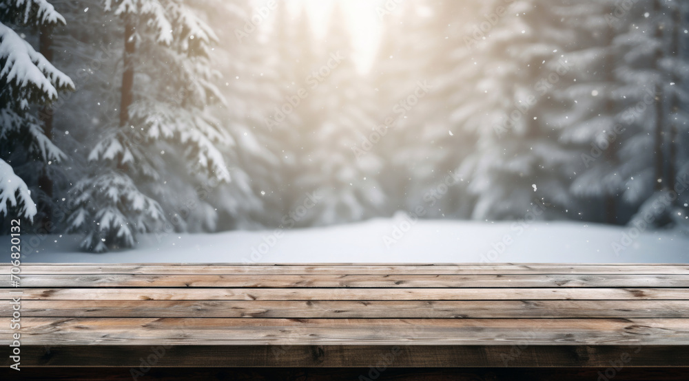Aufkleber empty wooden table top on snowy winter forest background. ready for product display montage