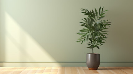 clean blank sage green wall with tropical tree in green modern design pot with sunlight