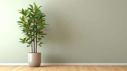 clean blank sage green wall with tropical tree with sunlight with wooden floor