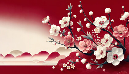 Elegant Plum Blossom Branches Encircling and a mountain in background Traditional Asian and Chinese Floral Art with Copy space available for text.