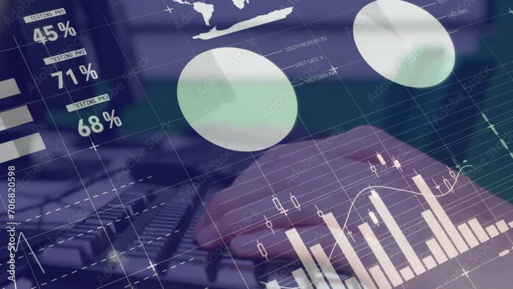 Poster animation of financial data processing over caucasian student using computers