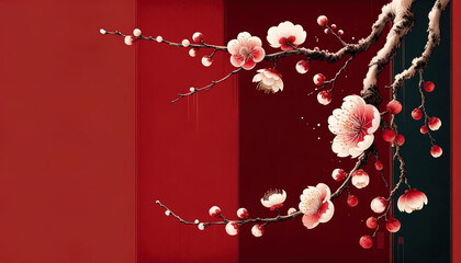 Elegant Plum Blossom Branches Encircling a Traditional Asian and Chinese Floral Art wallpaper background. Copy space available at center of image.