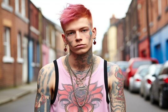 Portrait of a punk man with pink hair and tattoos on his body