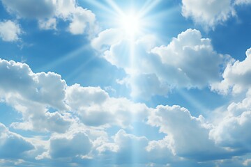 Blue sky background with tiny clouds and bright sun - obrazy, fototapety, plakaty
