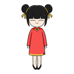 Chinese New Year Cartoon Character illustration: Adorable Girl with Black Hair and Lucky Aura.