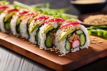 A mouthwatering capture displays a bitesized sushi piece, bursting with flavor and color as layers of marinated, meltinyourmouth tempeh mingle harmoniously with crisp cucumber, tangy pickled