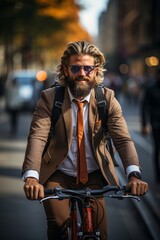 Fototapeta na wymiar Hipster businessman with a beard, making his daily office commute on a bicycle along an urban road, Generative AI