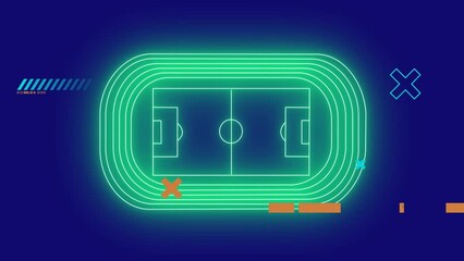 Animation of shapes over neon stadium on blue background - Powered by Adobe
