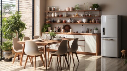 dining room with shelves, refrigerator with elegant wooden furniture