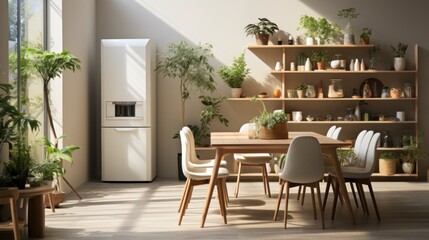 dining room with shelves, refrigerator with elegant wooden furniture