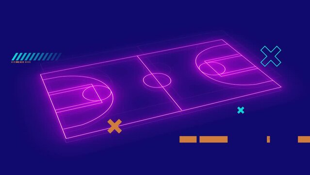 Animation of shapes over neon stadium on blue background